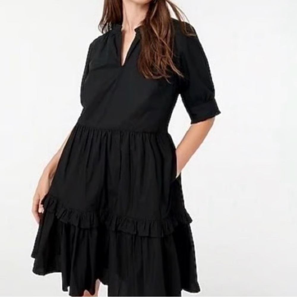 J.Crew Dress Women’s XXS Ruffleneck Tiered Cotton Popover Black Pockets Lined